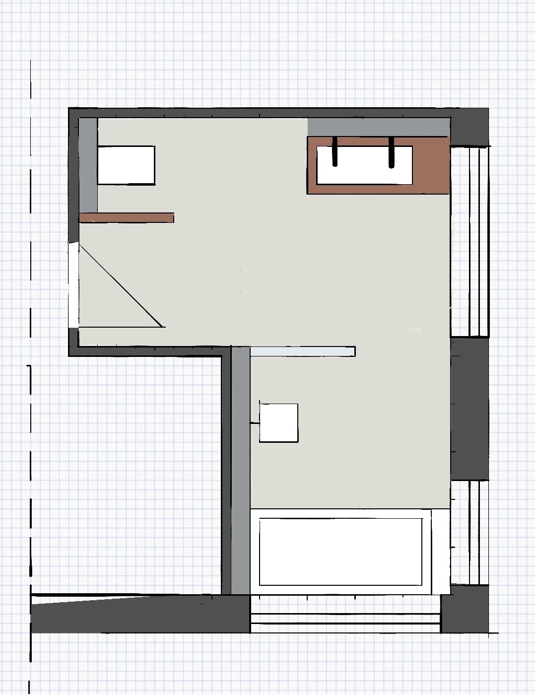 Grundriss eines Zimmers mit Möbeln (Sofa, Tisch) und Tür-/Fensteröffnungen auf Gitternetz.