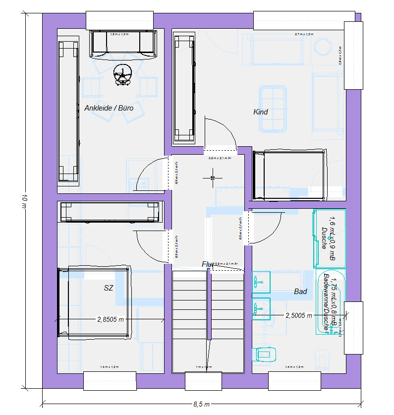 Grundriss eines Hauses: Schlafzimmer (SZ), Ankleide/Büro, Kind, Flur, Bad mit Dusche