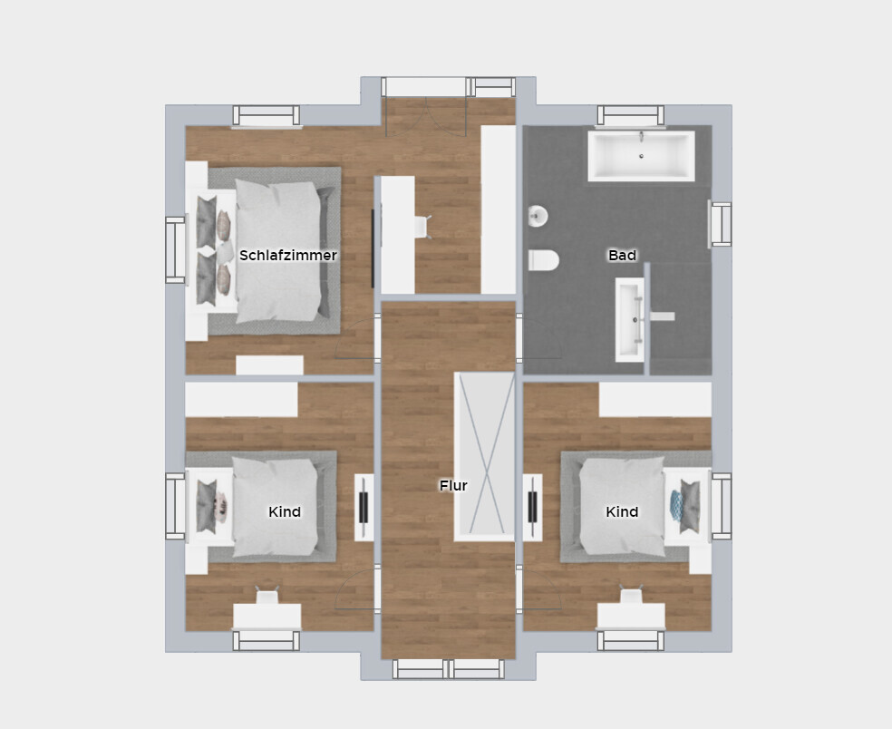 Grundriss einer Wohnung mit Schlafzimmer, zwei Kinderzimmern, Bad und Flur.