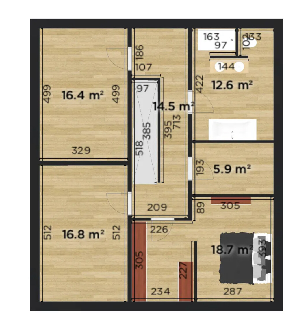 Wohnungsgrundriss mit mehreren Zimmern und Flächenangaben in m².