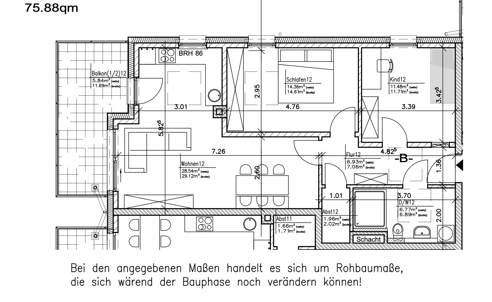 2D-Grundrissplan eines Wohnhauses mit Balkon, Wohnzimmer, Kueche, Essbereich, Schlafzimmer und Flur
