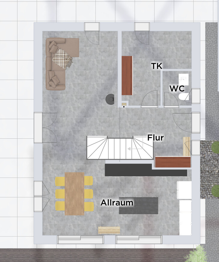 Grundriss eines Hauses: Allraum mit Sofa, Esstisch, Flur, Treppe, WC, TK-Raum
