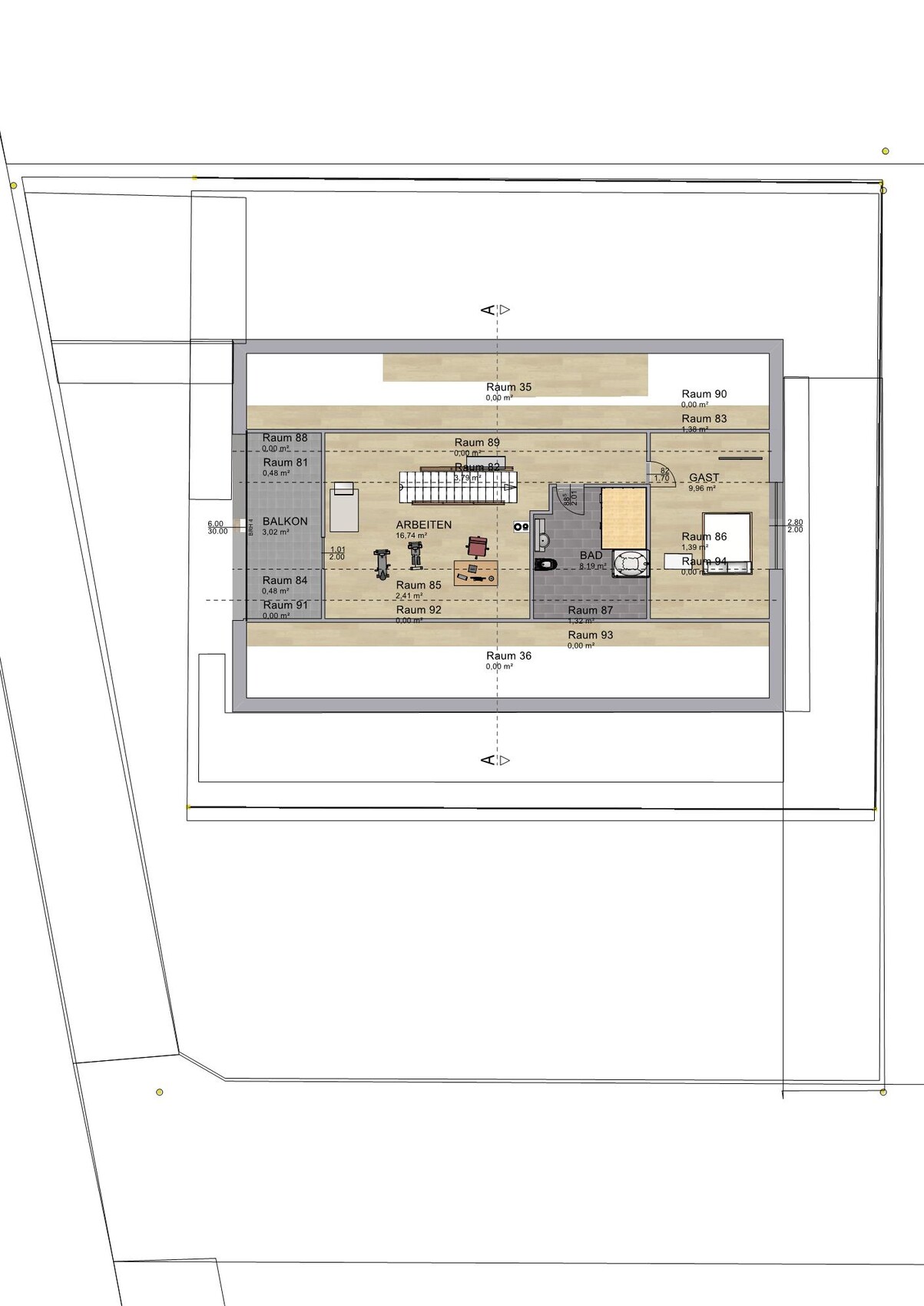 Grundriss eines Gebäudes: zentraler Arbeitsbereich, Bad, Balkon und mehrere Räume mit Nummern.