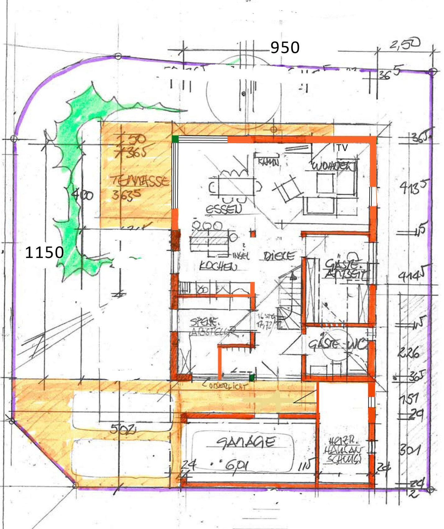 Handskizze eines Hausgrundrisses mit Terrasse, Garage und Innenräumen