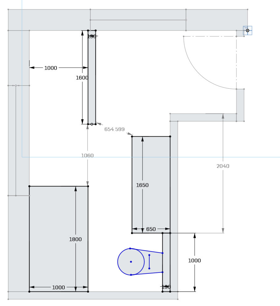 Architekten-Grundriss mit Maßangaben, Wänden und Türöffnungen