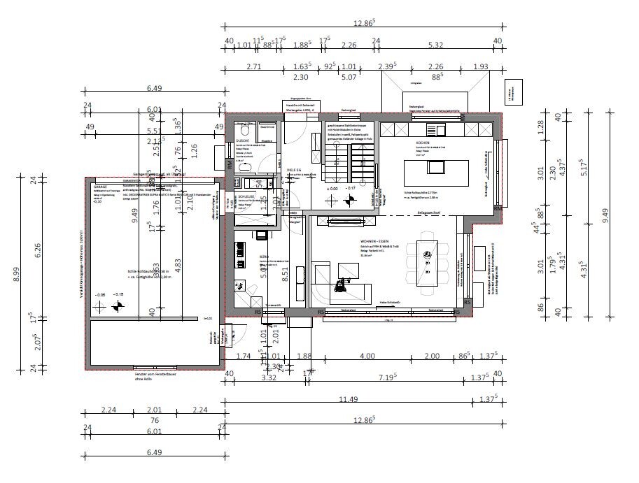 Detaillierter Grundrissplan eines Hauses mit Zimmeraufteilung, Maßen und Türen