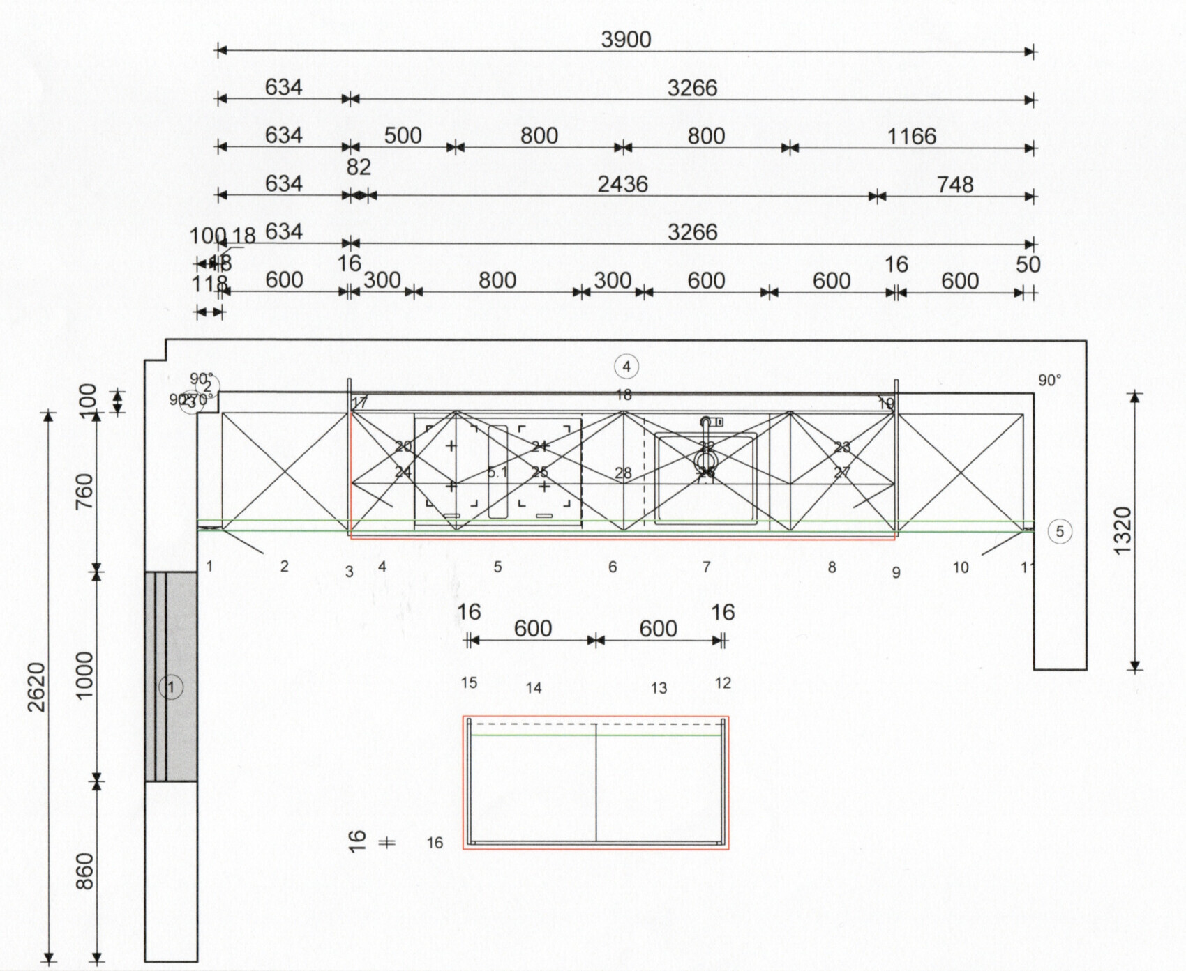 Draufsicht auf Hallenlayout mit Maßlinien, Trägern und rotem Detail.