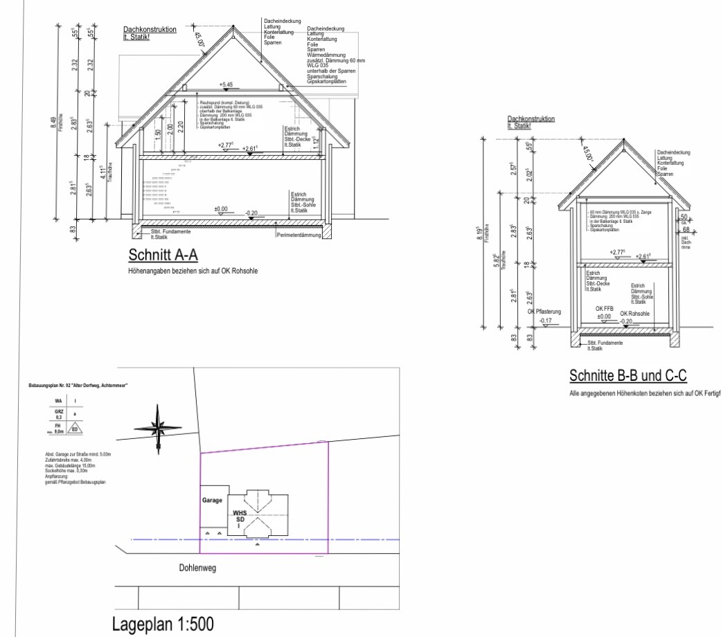 Architekturpläne: Querschnitt A-A, Schnitte B-B und C-C, Lageplan 1:500 mit Garage am Dohlenweg.