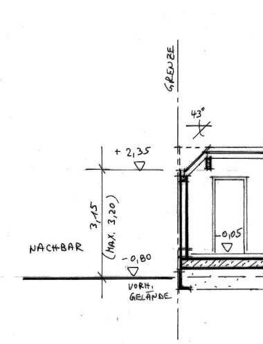 Architekturzeichnung Grundriss-Skizze mit Maßen, Wandlinien und Nachbarbereich