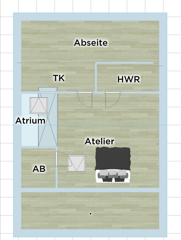 Grundriss eines Wohnstudios: Atrium links, Atelier rechts, Abseite oben, TK, HWR, AB unten links.