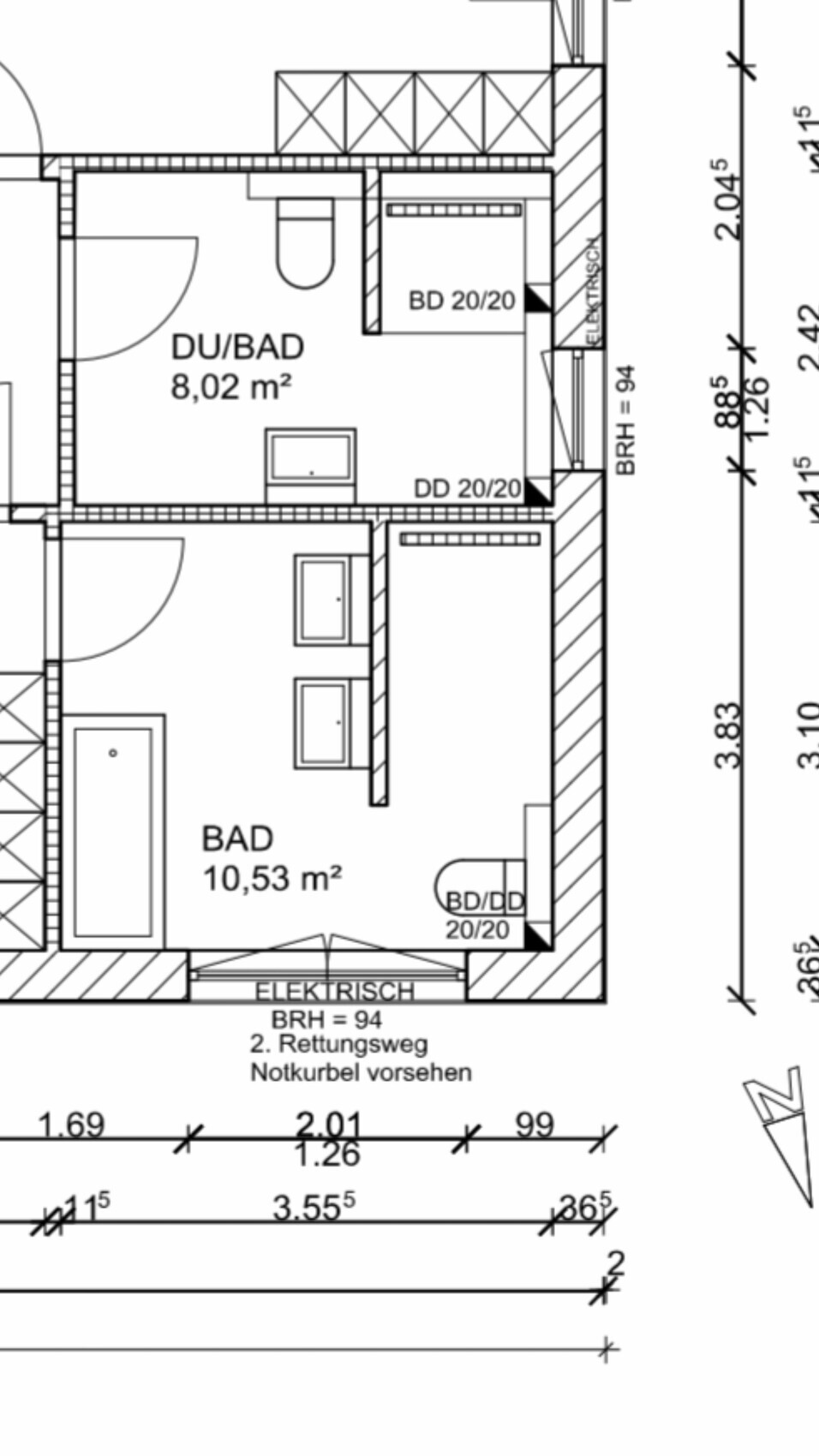 Grundrissplan mit zwei Badezimmern: DU/BAD 8,02 m² und BAD 10,53 m².