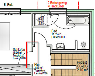 2D-Grundriss mit Schlafzimmer, Bad, Flur und Podest im Obergeschoss