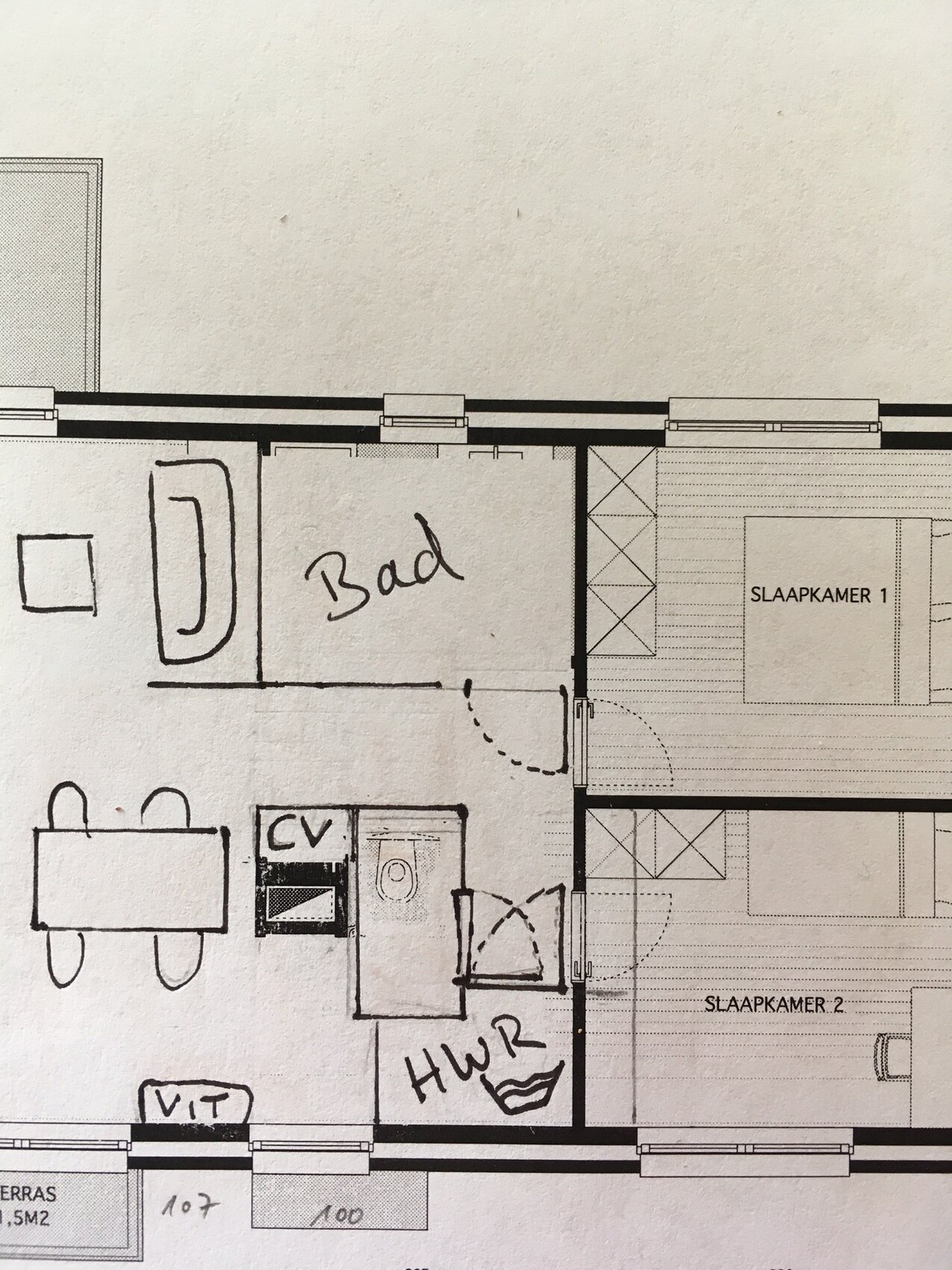 Grundriss einer Wohnung: Bad, Slaapkamer 1, Slaapkamer 2, Essecke, Küche.