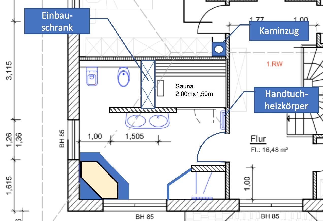 Grundriss Sauna: Sauna 2,00mx1,50m, Einbauschrank, Kaminzug, Handtuchheizkörper.