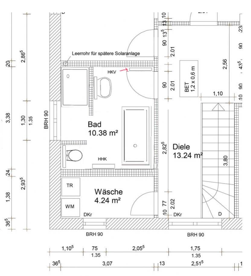 Grundriss: Bad 10,38 m², Wäsche 4,24 m², Diele 13,24 m²
