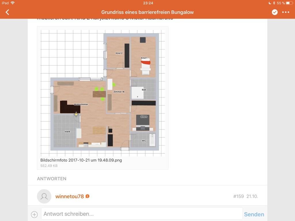 Grundriss eines barrierefreien Bungalows: Wohnzimmer, HWR, Bad, WC, Eltern- und Kinderräume.