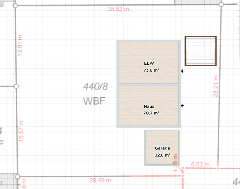Grundriss eines Bauvorhabens mit Haus, Einliegerwohnung und Garage auf Grundstück