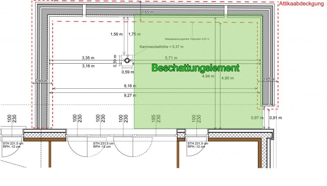 2D-Grundrissplan mit BeschattungsElement im Raum, Maße und Wände sichtbar