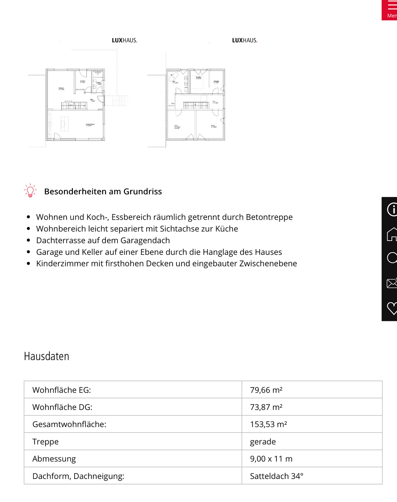 Zwei Grundrisse eines Hauses mit Luxhaus-Logo, darunter Merkmale der Grundrisse und Hausdaten