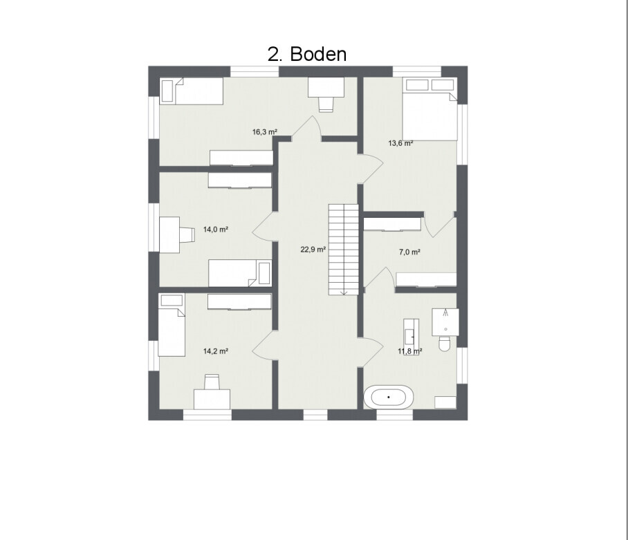 Grundriss des 2. Bodens: zentrale Treppe, mehrere Zimmer, Badewanne rechts unten.