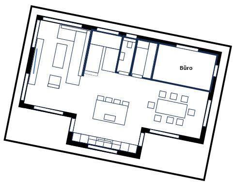 2D-Grundriss eines Buero mit Tischen, Konferenzbereich und Arbeitsplaetzen