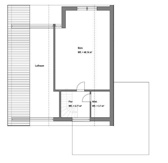 Grundriss eines Büros (46,14 m²) mit Flur, Abstellraum und Luftraum.
