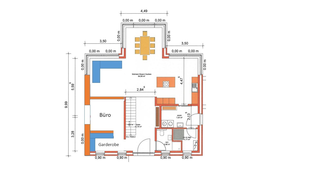 Grundriss eines Hauses mit Büro, Garderobe und offenem Wohn-/Küchenbereich.