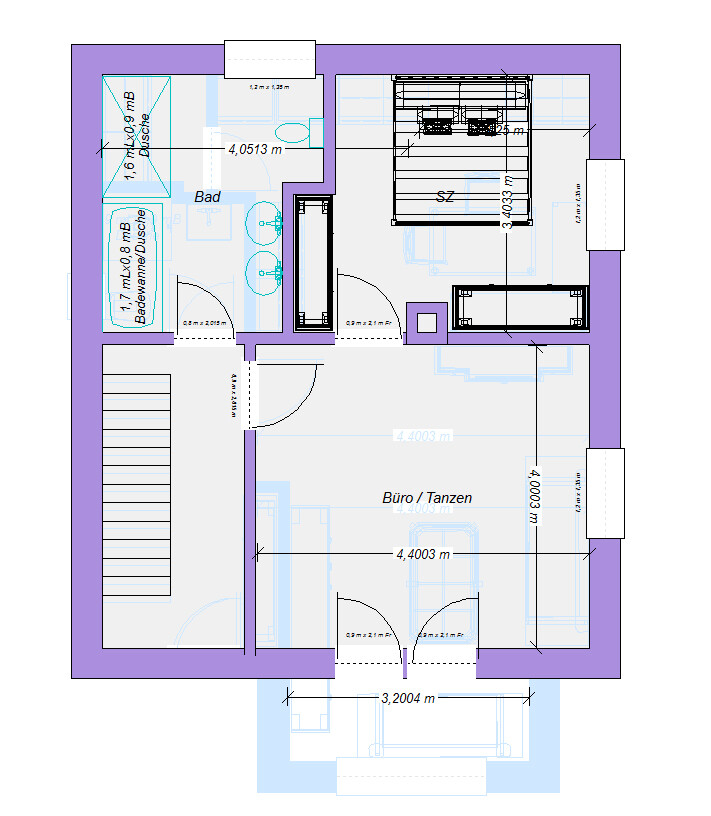 Grundriss eines Hauses mit Bad, Schlafzimmer, Büro/Tanzen und Treppenhaus.