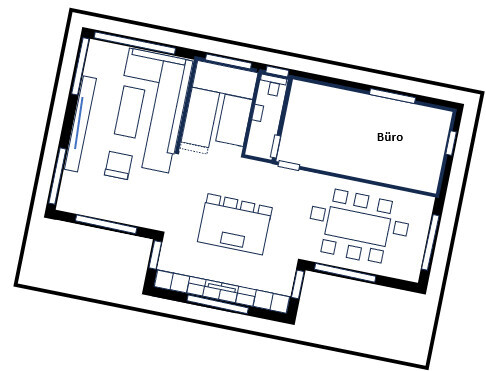 2D-Grundriss eines Buero- und Essbereichs mit Konferenz- und Sitzgruppen