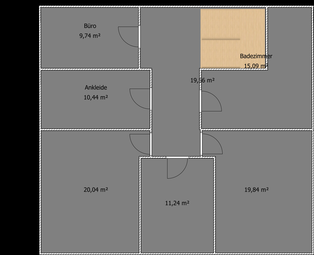 Grundriss einer Wohnung mit Büro, Ankleide, Badezimmer und weiteren Räumen