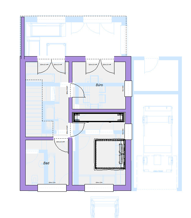 2D-Grundriss eines Hauses mit Büro, Bad und Treppen, violette Wände