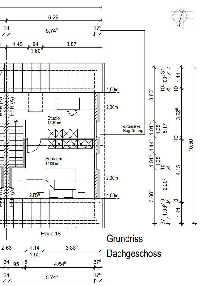 Grundriss Dachgeschoss mit Studio und Schlafzimmer, Architektenplan