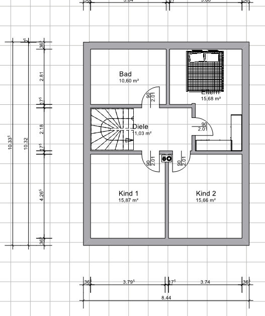 Grundriss eines Obergeschosses mit Elternzimmer, zwei Kinderzimmern, Bad, Diele und Treppe.
