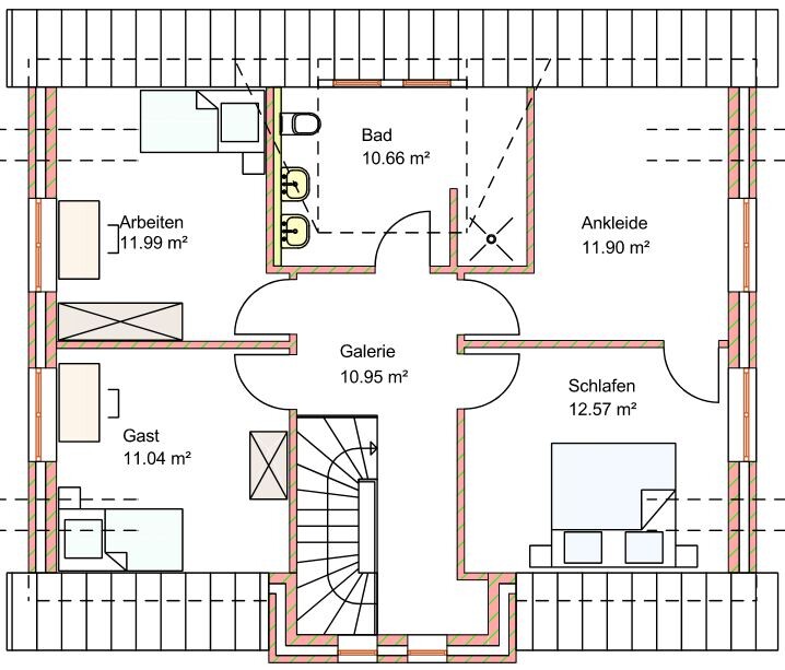 2D Grundriss eines Dachgeschosses mit Bad, Schlafzimmer, Ankleide, Galerie, Gäste- und Arbeitszimmer