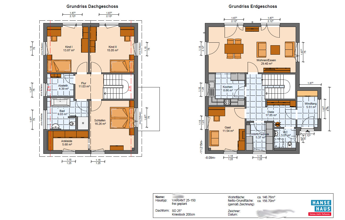 Grundriss eines Hauses mit Erdgeschoss (Wohnen/Kochen) und Dachgeschoss (Schlafen, Kinder).