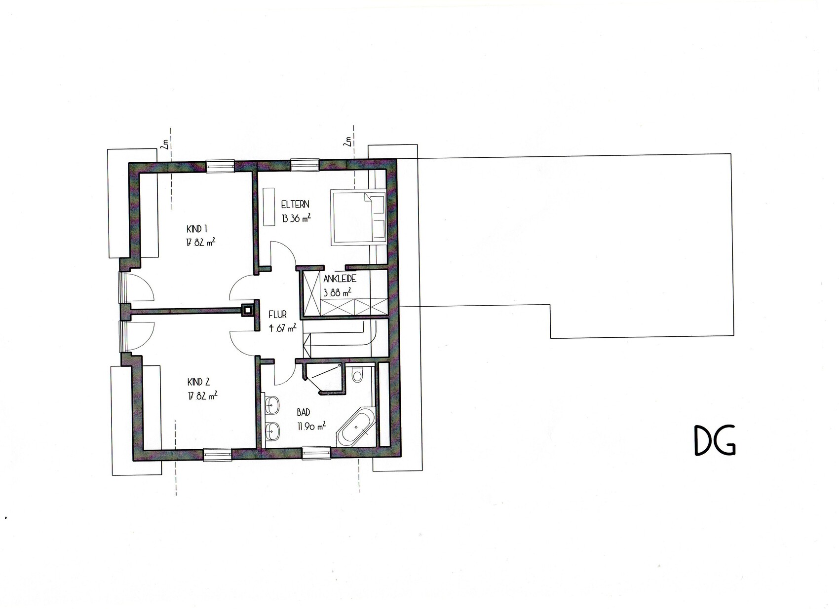 2D-Dachgeschoss-Grundriss eines Familienhauses mit Elternzimmer, Kinderzimmern und Bad