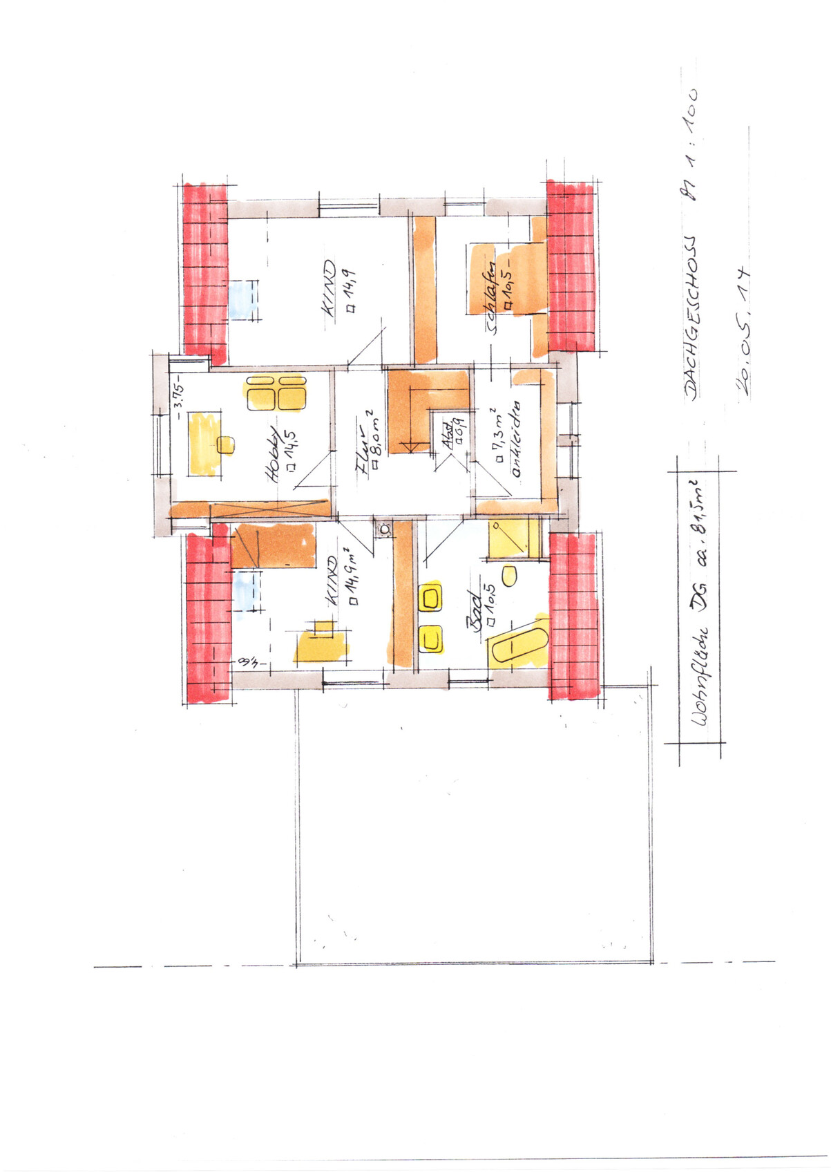 Handgezeichneter Dachgeschoss-Grundriss eines Hauses mit Zimmern, Bad und Treppe.