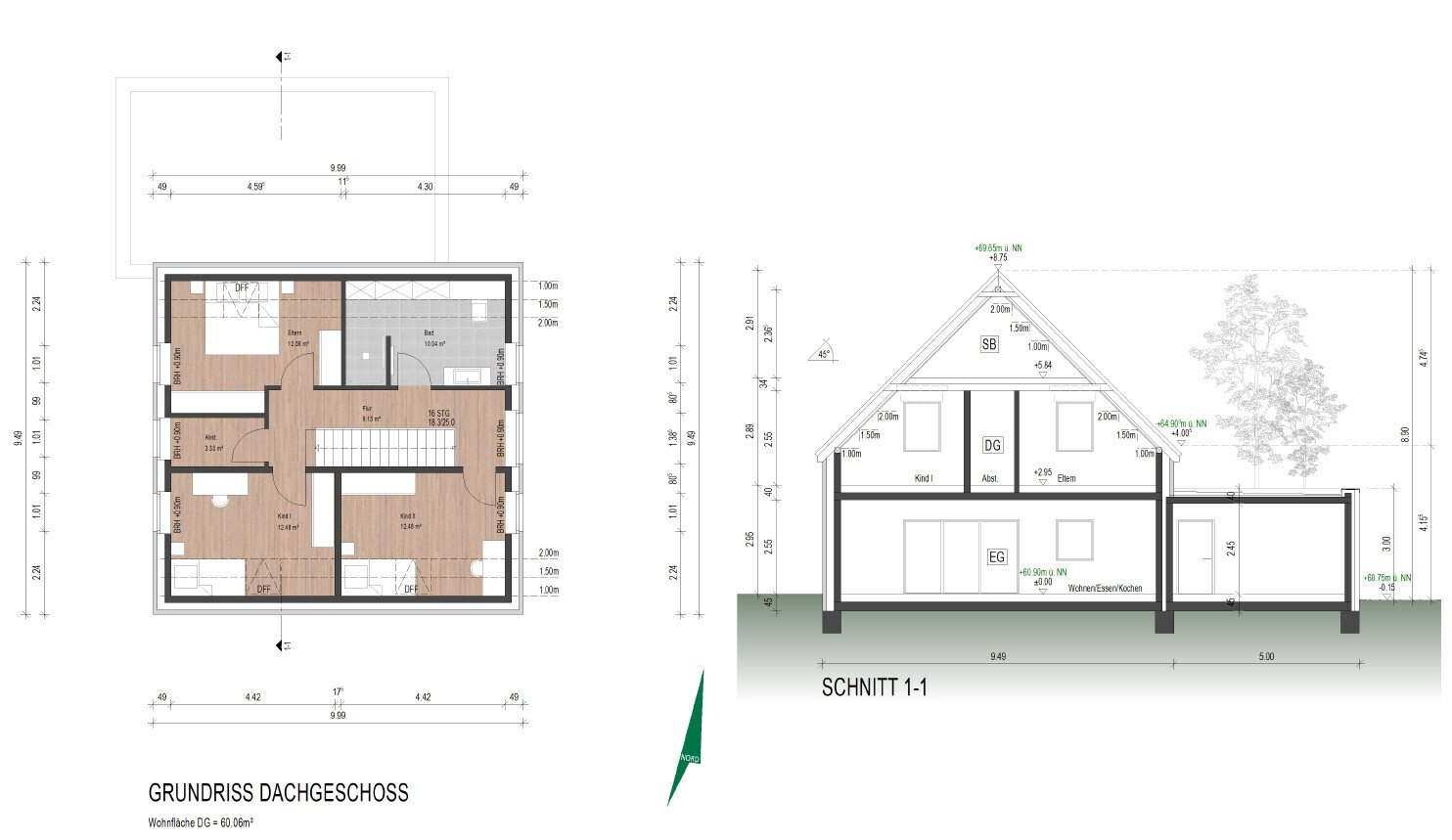 Dachgeschoss-Grundriss mit Zimmern, Bad und Treppen, rechts ein Haus-Schnitt.
