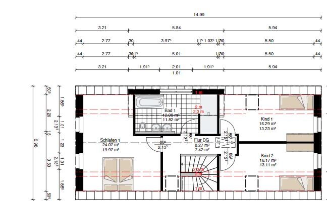 Grundriss Dachgeschoss: Flur DG, Bad, Schlafzimmer, zwei Kinderzimmer, Treppenhaus.