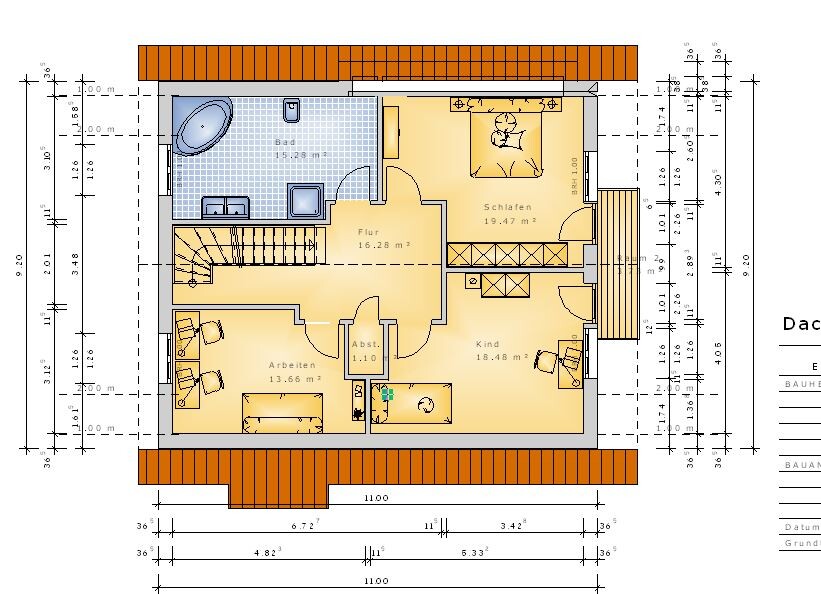 Grundriss eines Dachgeschosses mit Schlafzimmer, Arbeitszimmer, Kind und Bad.