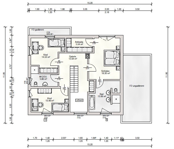 Grundriss eines Wohnhauses mit Schlafzimmer, Kinderzimmer, Bad, WC, Ankleide, Flur, Treppe.