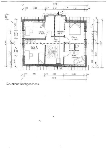 Grundriss Dachgeschoss mit Eltern-, Kind 1- und Kind 2-Zimmern, Flur und Bad