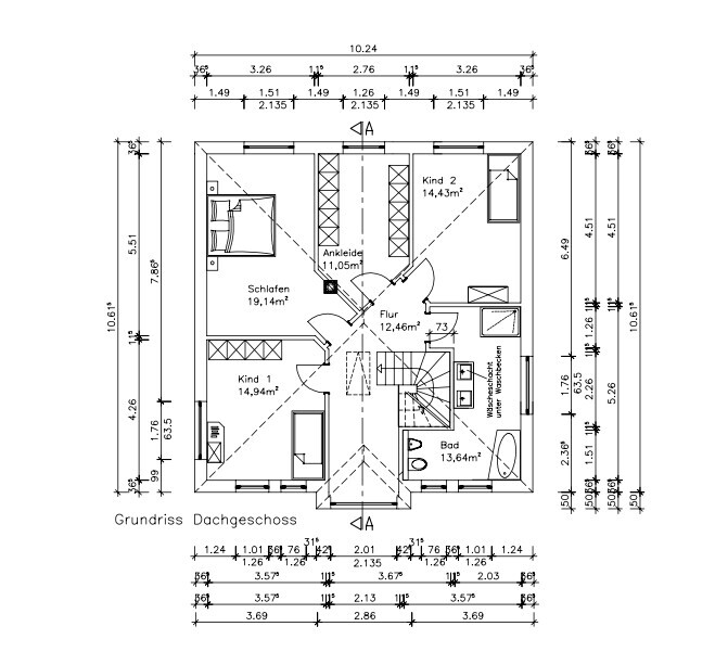 Dachgeschoss-Grundriss: Schlafzimmer, zwei Kinderzimmer, Ankleide, Bad, Flur, Treppenhaus