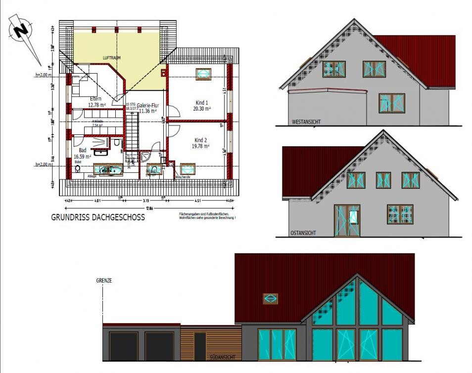 Dachgeschoss-Grundriss mit Zimmern, Treppe und Fassadenansichten des Hauses.