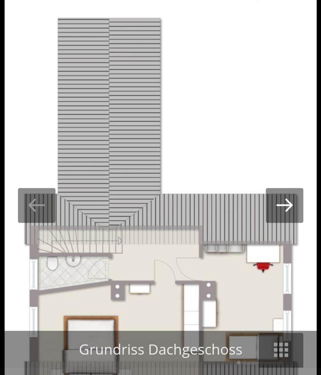 Grundriss Dachgeschoss eines Hauses: L-förmige Grundfläche, zwei Dachflächen, Treppe.