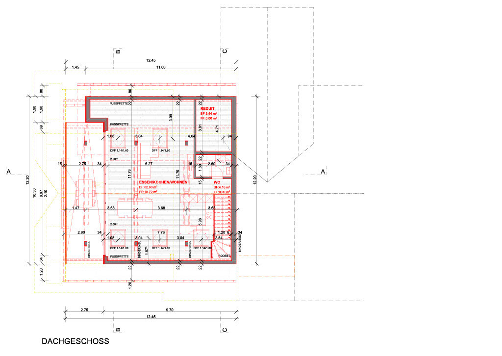 Dachgeschoss Grundrissplan eines Hauses mit Zimmern und Wänden