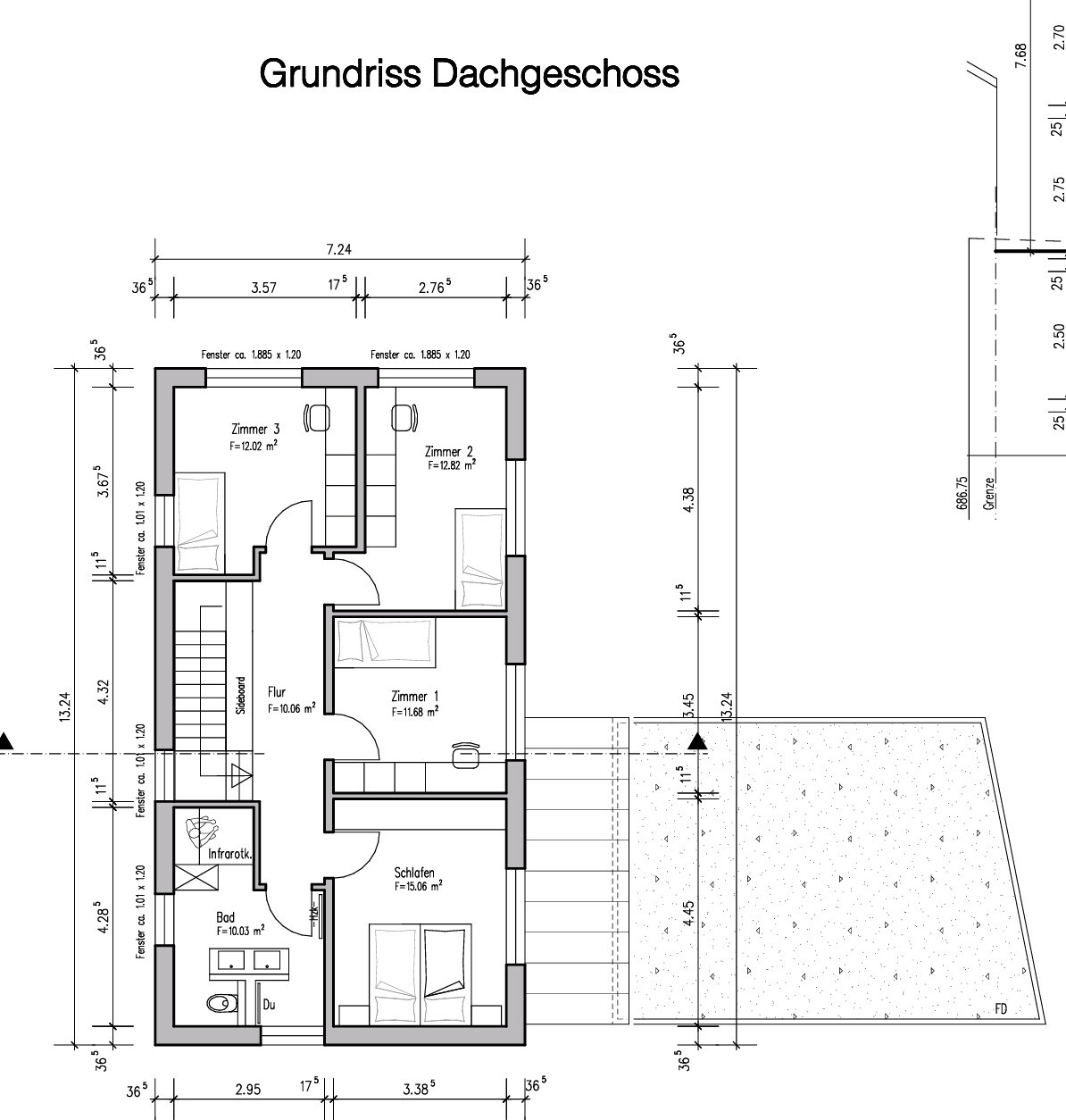 Grundriss Dachgeschoss: Schlafen, Zimmer 1-3, Flur, Bad, Dusche, Treppenhaus, Terrasse.