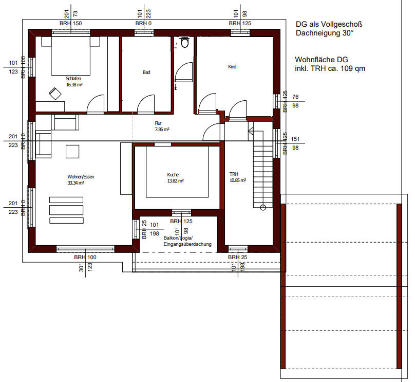 2D-Dachgeschoss-Grundriss eines Hauses mit Schlafzimmer, Bad, Küche und Wohnzimmer