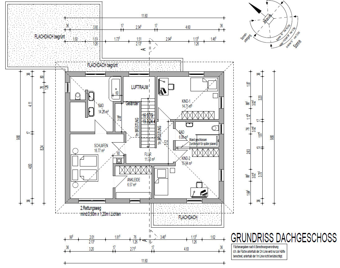 Grundriss Dachgeschoss: Schlafzimmer, Ankleide, Bad, Flur, zwei Kinderzimmer und Treppe.