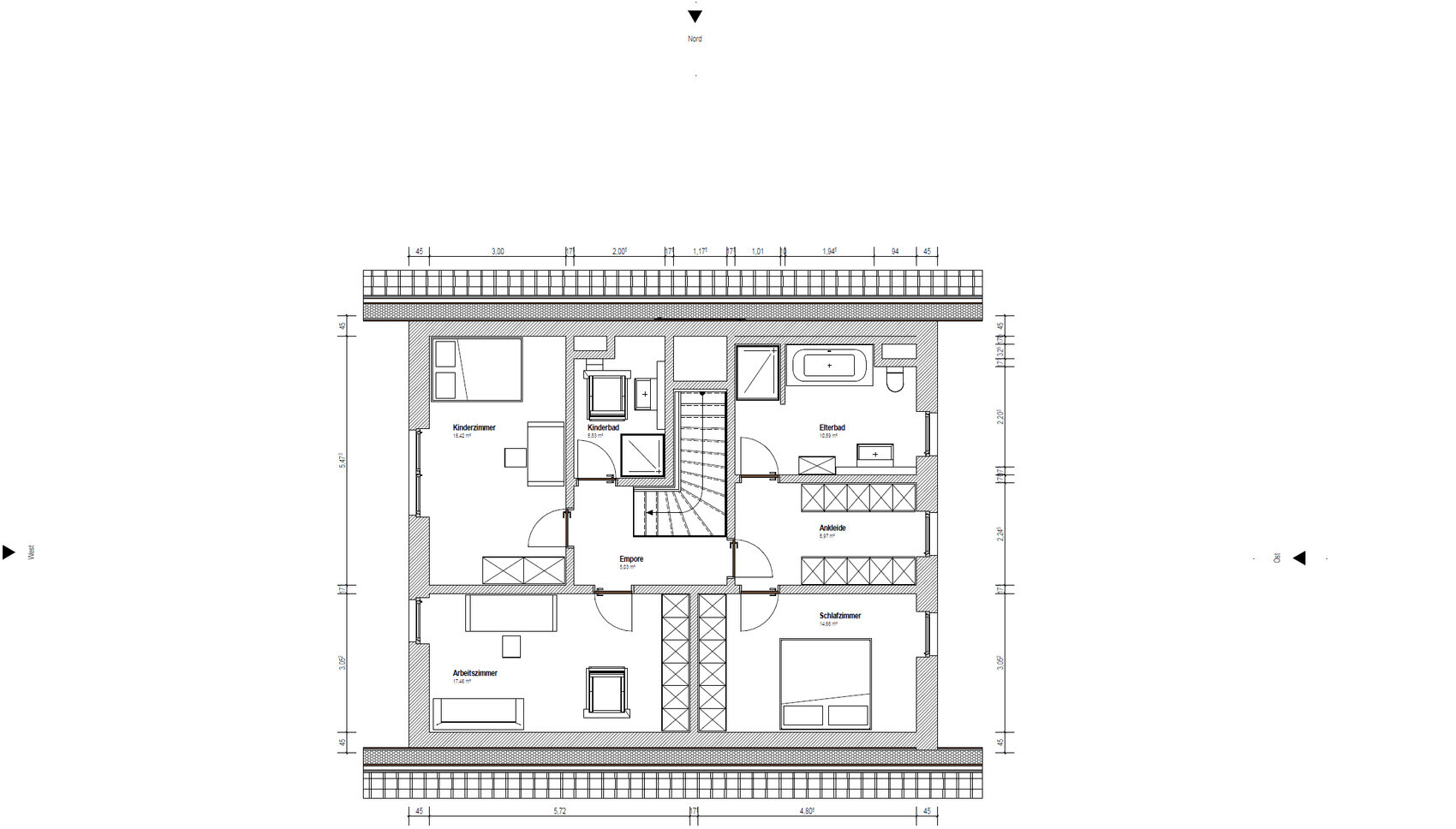 Grundriss Dachgeschoss: Schlafzimmer, Kinderzimmer, Arbeitszimmer, Ankleide, Elternbad.